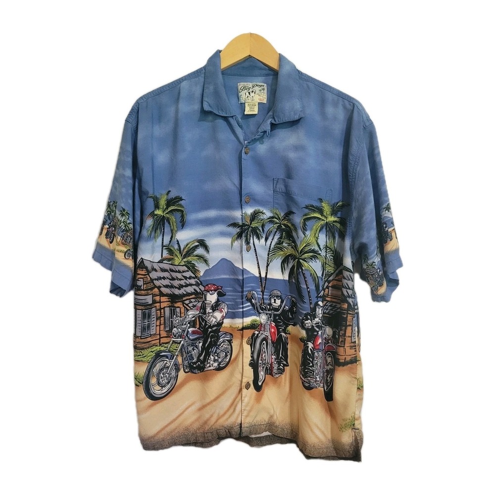 Big Dogs Blue Hawaiian Button-down Short Sleeve Shirt Beach Motorcycle Dogs Sz L